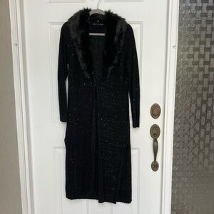 WHBM Sequin Detail Duster Black Removable Faux Fur Collar M/M
